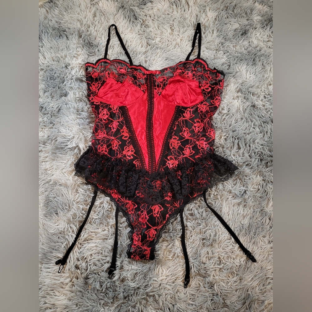Vintage 80s 2x Red and Black Sheer Floral Lace Teddy with Garter Straps